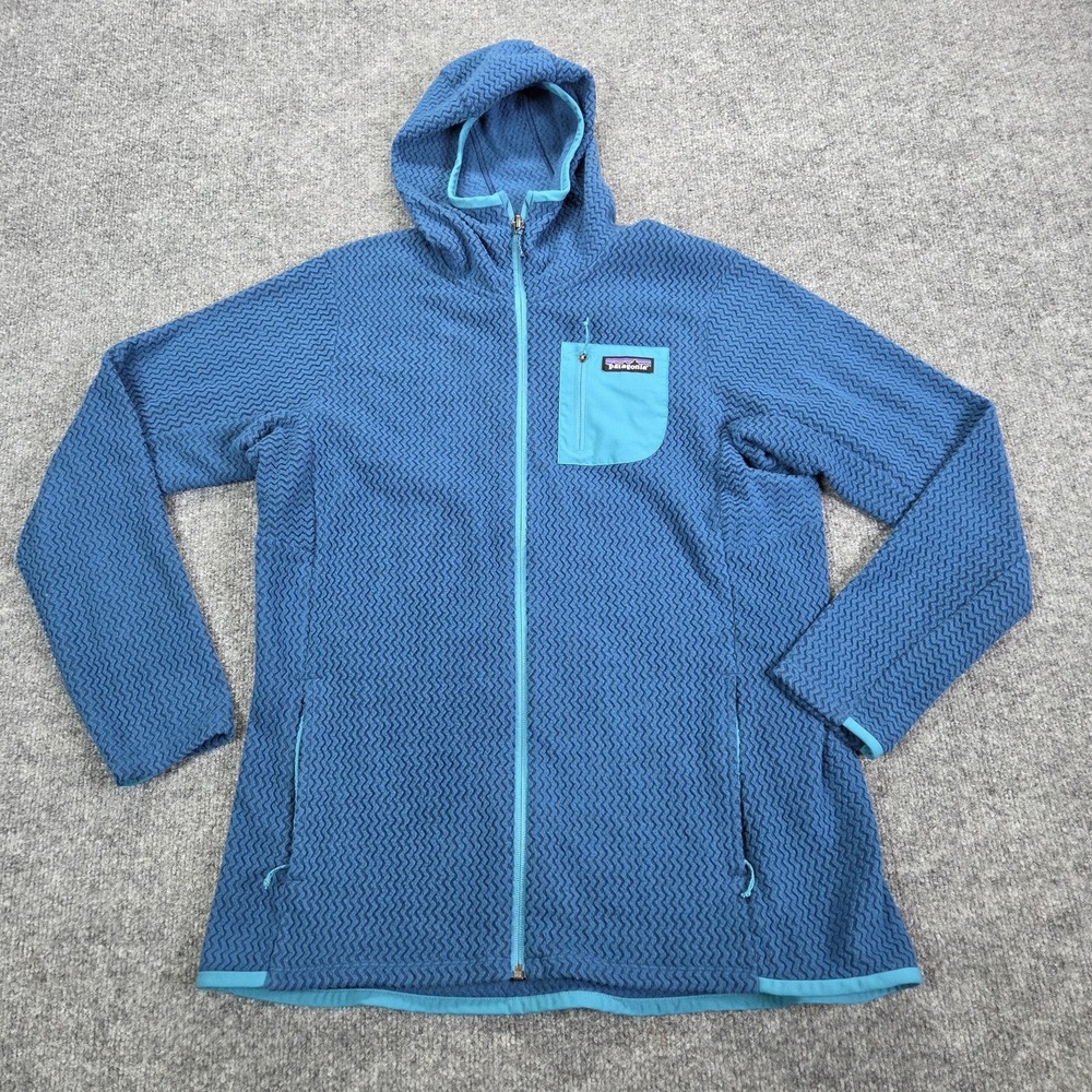 Patagonia Hooded Fleece Jacket Womens XL Blue Full Zip R Series Chevron